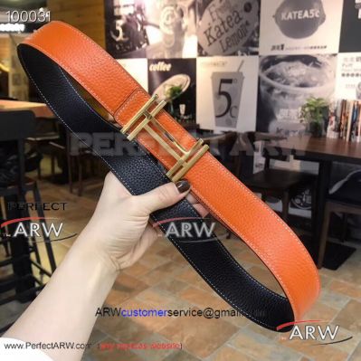 Perfect Replica Hermes Orange Leather Belt With Two I-Shape 316L Gold Buckle